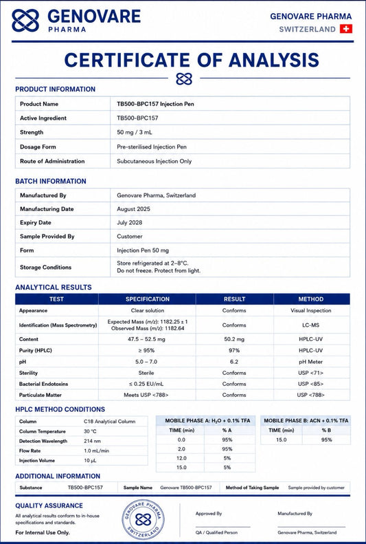 Genovare Peptides | 25 mg TB-500 + 25 mg BPC-157 (50 mg)