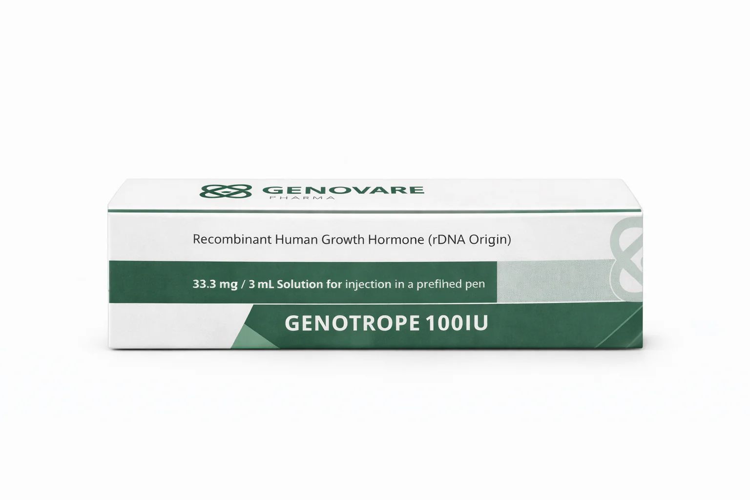 Box of Genotrope 100IU recombinant human growth hormone by Genovare on a white background