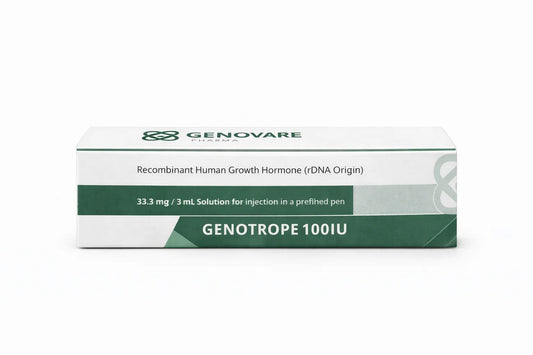 Box of Genotrope 100IU recombinant human growth hormone by Genovare on a white background