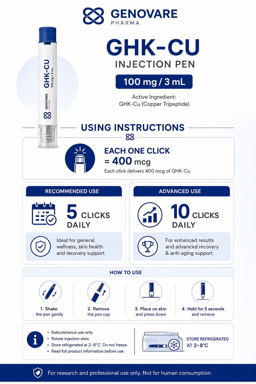 Genovare Peptides | GHK-Cu -  100mg/3ml Pre-Sterilised Injection Pen